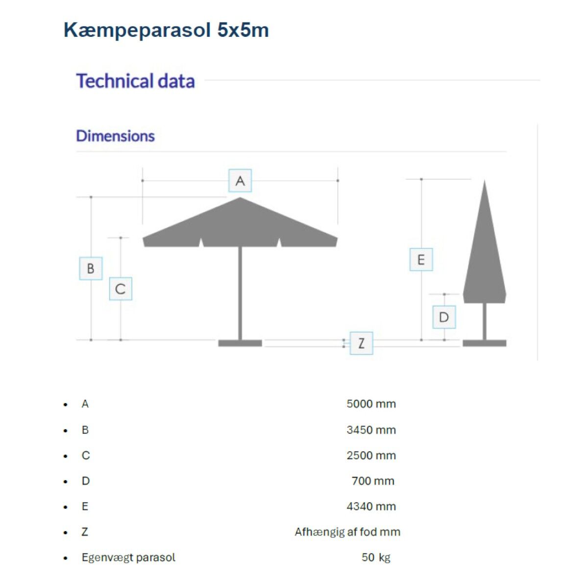 Kæmpeparasol - 5x5m u/frisekant - NY